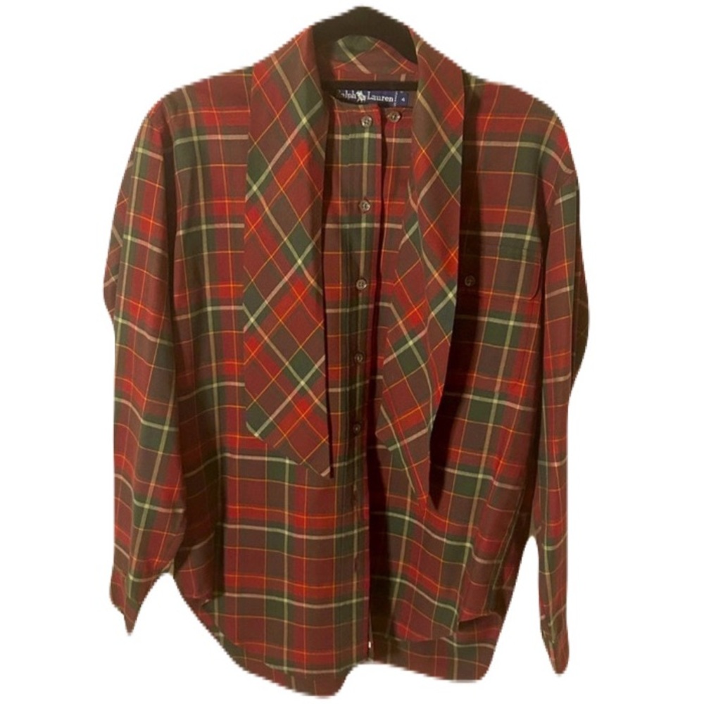 Vintage Ralph Lauren Tie Neck Classic Plaid button up Shirt Size 4 Wool/Cotton